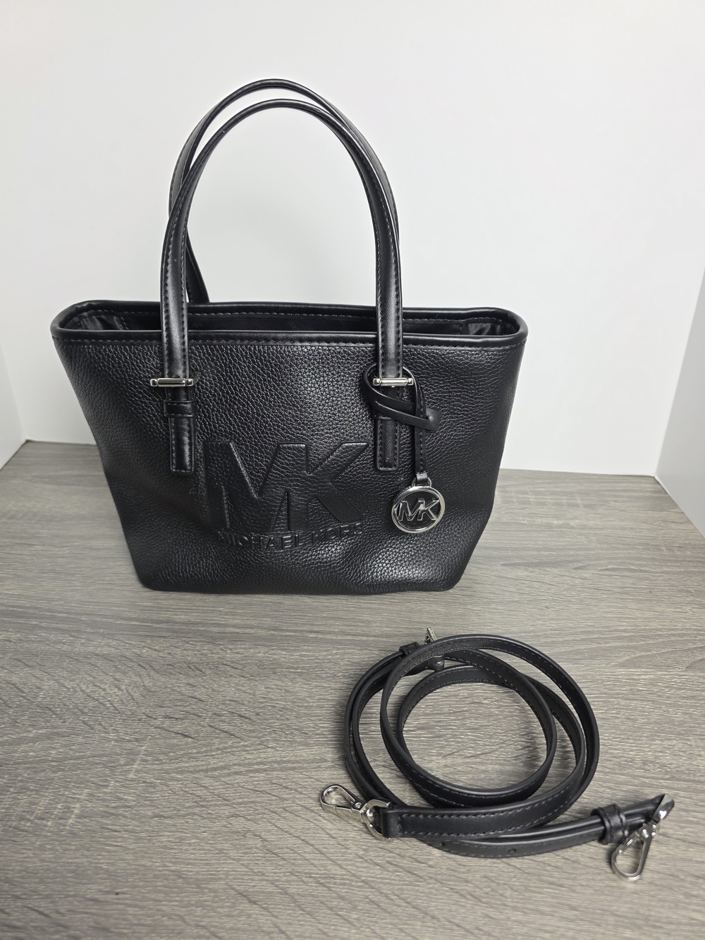 Michael Kors Black Pebbled Leather MK Mini Tote Handbag